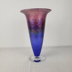 Robert Held Art Glass Iridescent Trumpet Vase 10" Purple Blue Rainbow Signed